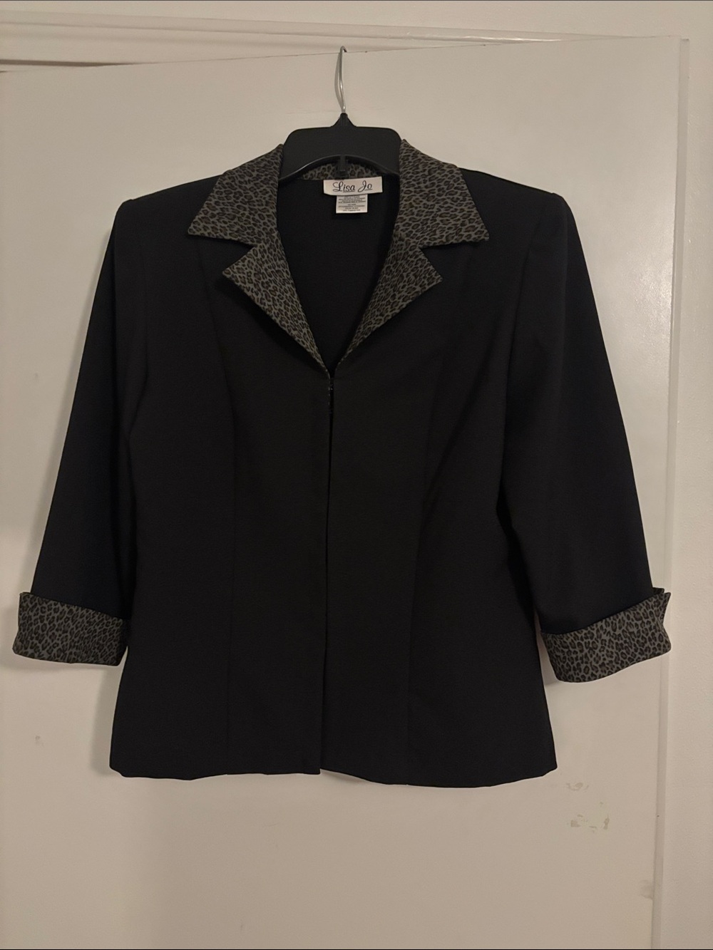 Vintage 90s Black Women's Blazer with Animal Print Trim